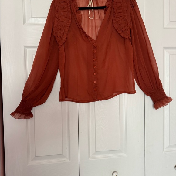 Anthropologie Forever that Girl Fall Harvest Ruffled Rust Red long sleeve Blouse - Picture 5 of 9